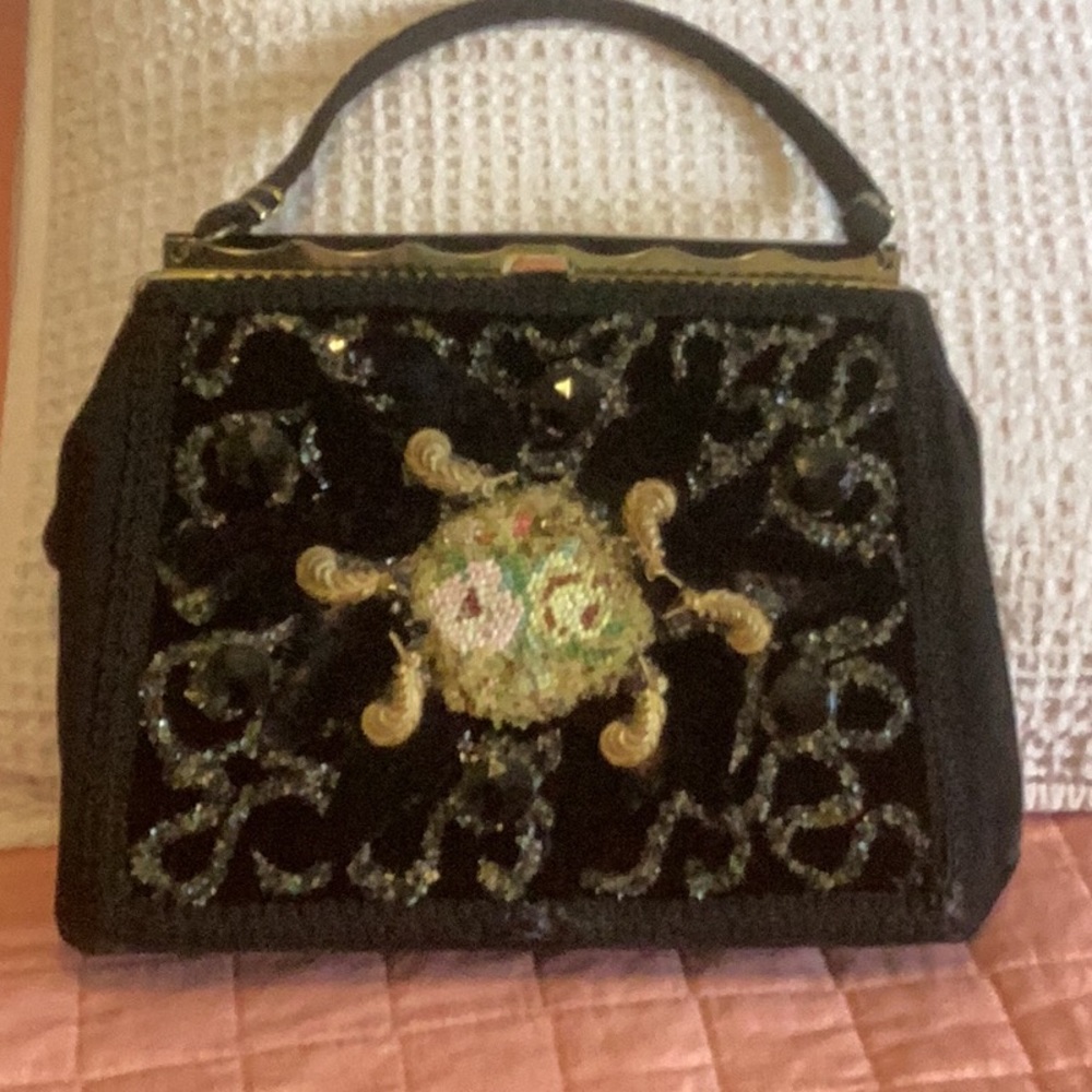Vintage black velvet handbag with embroidery and beads probably 1950s or 60s
